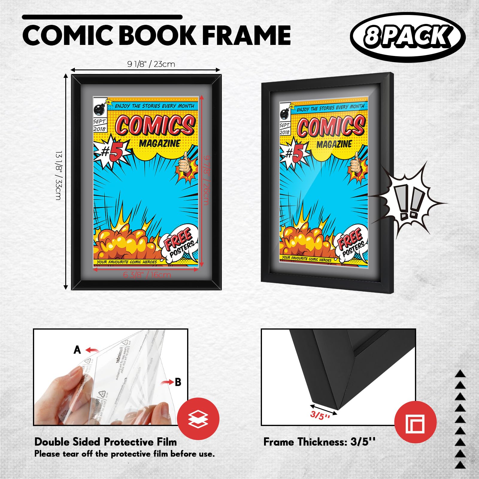 Geetery Paquete de 8 marcos de cómics con protección UV, alfombrilla gris