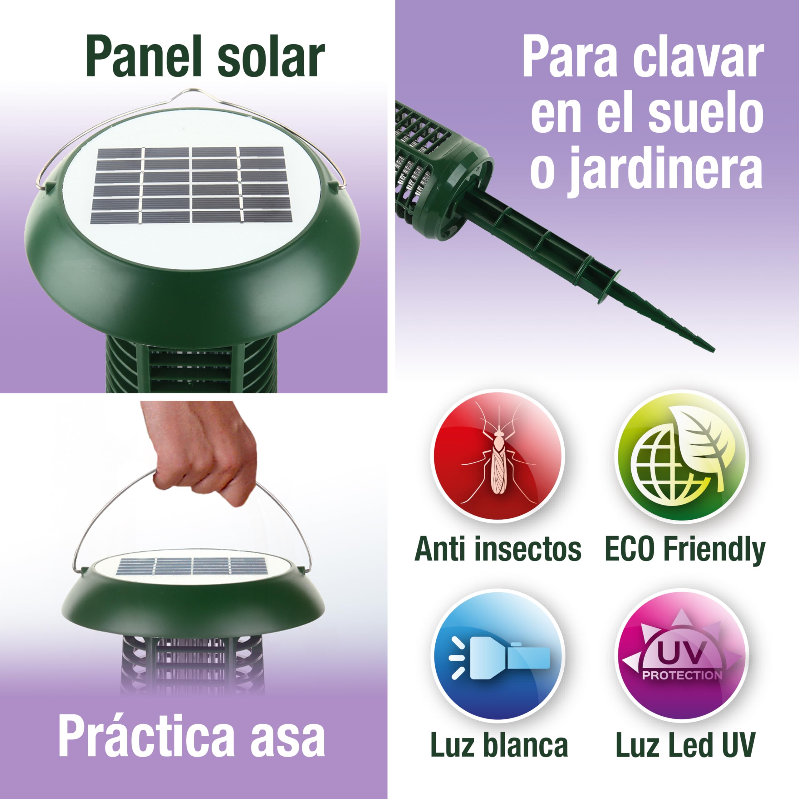 Lámpara Solar Antimosquitos 2 en 1: Luz UV Anti-Insectos + Luz Blanca Iluminación. Interior/Exterior. Energía Solar + Red (Incluye Adaptador) Portátil: Ideal jardín, terraza, Camping. Gran Autonomía