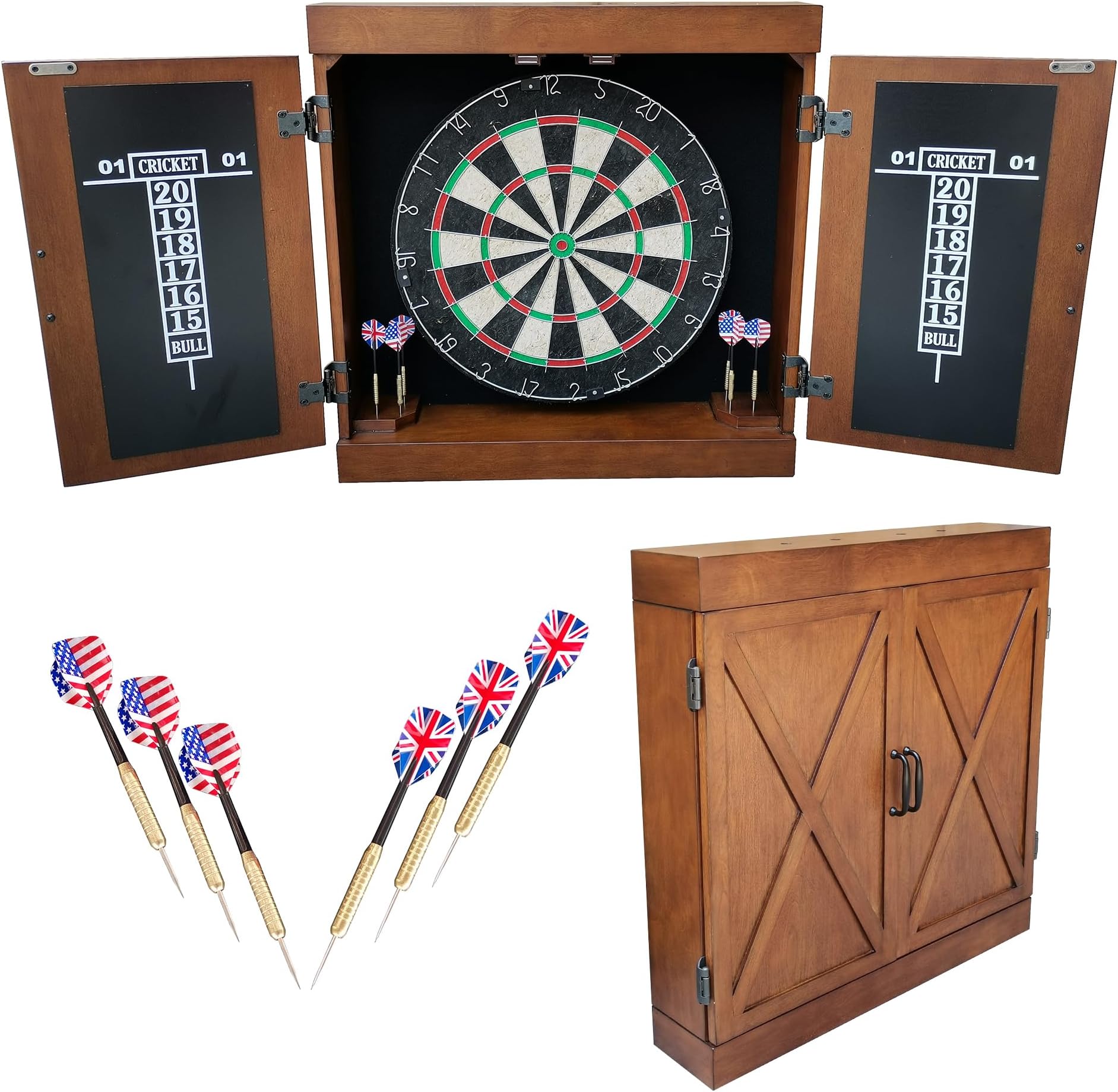 Hathaway Farmington 18-in Bristle Dart Board and Cabinet Set โ Includes Self Healing Sisal Board, Rotatable Number Ring, Chalk Scoreboards & Steel-Tip Darts - Complete Dart Accessories - Walnut