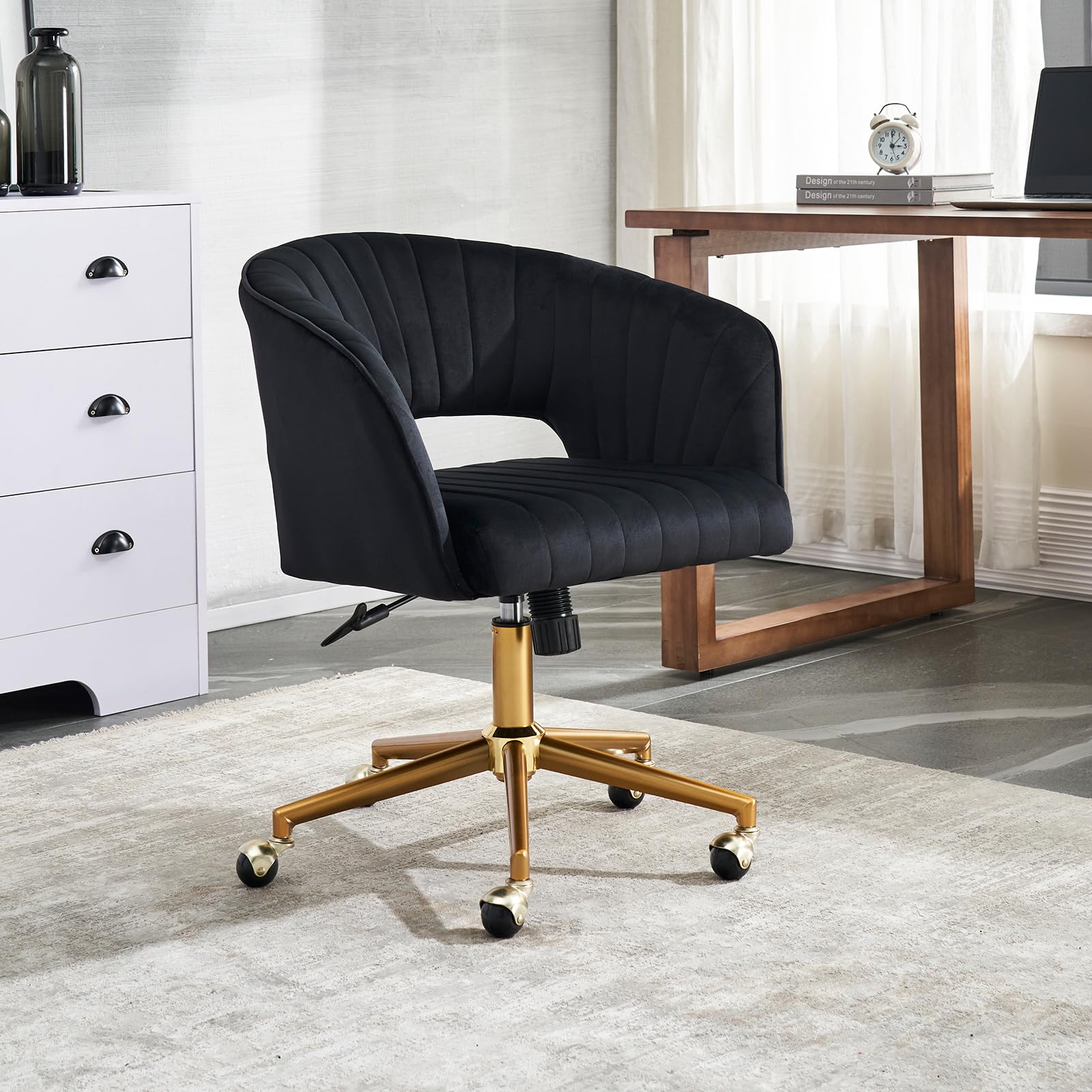 Home Office Chair,Velvet Desk Chair,Ergonomic Adjustable 360 Swivel Vanity Chair for Home, Bedroom, Vanity Study(Black)