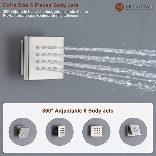 Miniatura 9 de MONDAWE Sistema de ducha termostático con 6 chorros corporales, cabezal de ducha de lluvia montado en el techo de 12 pulgadas con combo de mano,