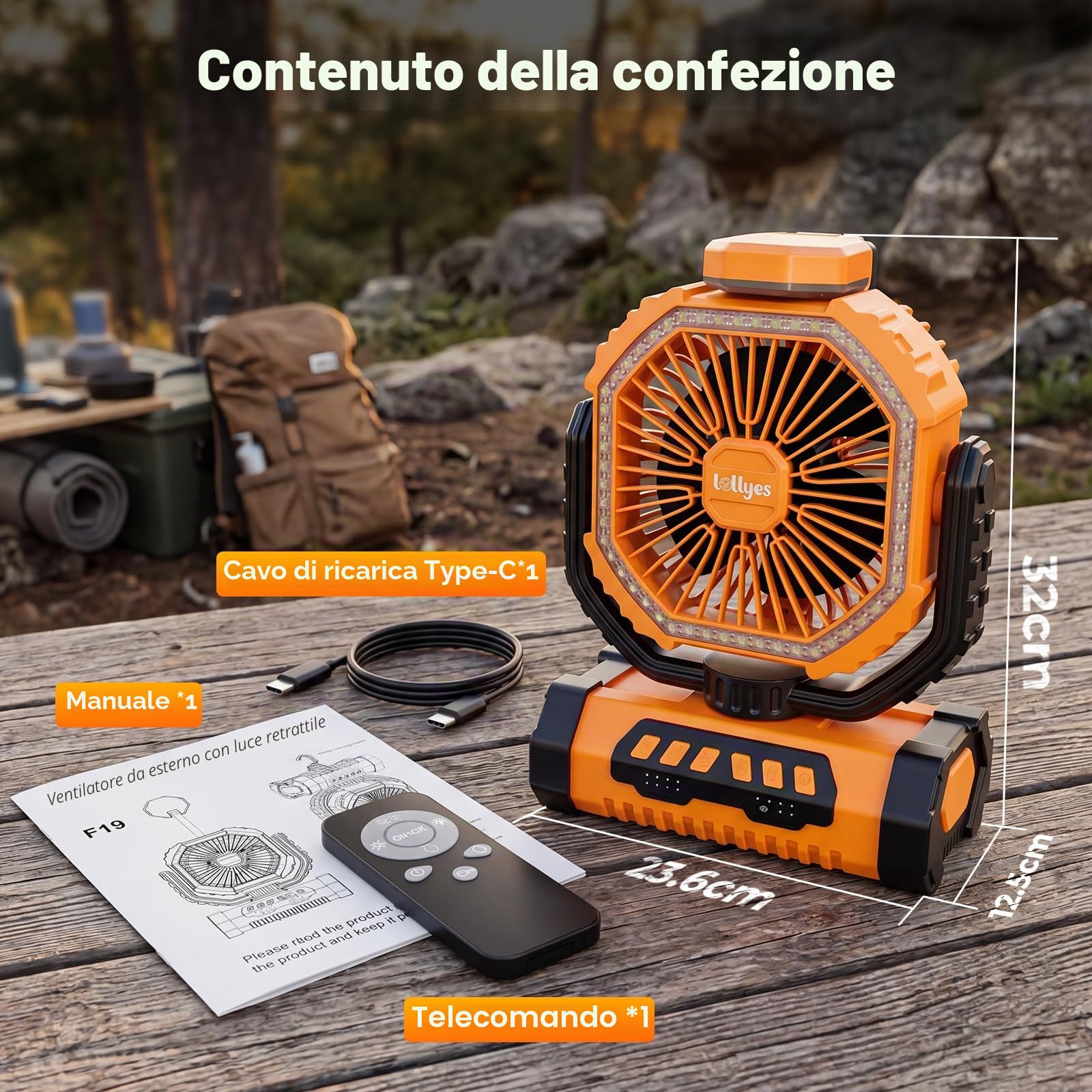 Ventilatore da Campeggio con Luce, Alimentazione a Batteria 20000mAh, Ventilatore Portatile Ricaricabile con Telecomando e Gancio Rotante a 360°, 4 Velocità per Interni, Viaggi, Camper (Arancione)