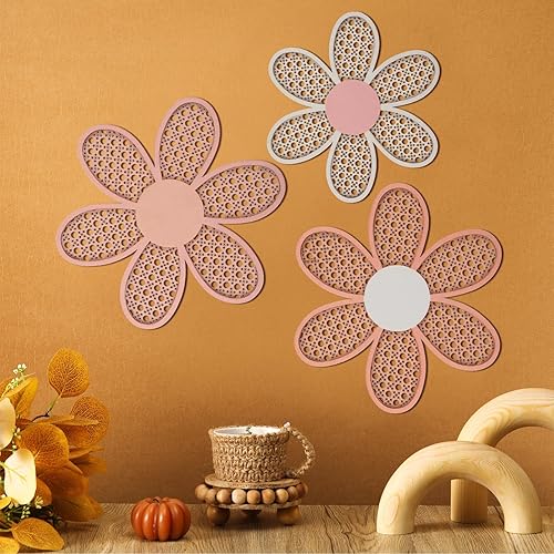 Miniatura 3 de Maitys Decoración de pared de margaritas bohemias de 3 piezas, flores de ratán natural, arte para colgar en la pared, arte bohemio de madera,