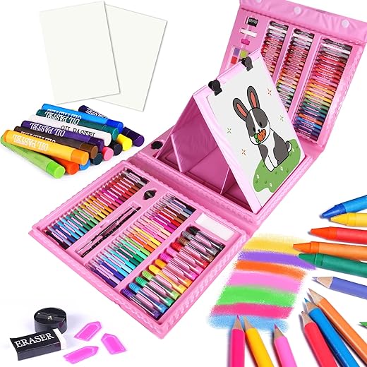 Art Supplies 208 PCS with Sided Trifold Easel,Including Colour Cakes,Colored Pencils,Oil Pastels,Marker Pens and Crayons Art Kits for Beginners，Drawing Painting Gifts Kit for Kids 5-12… (Z-M208Pink)