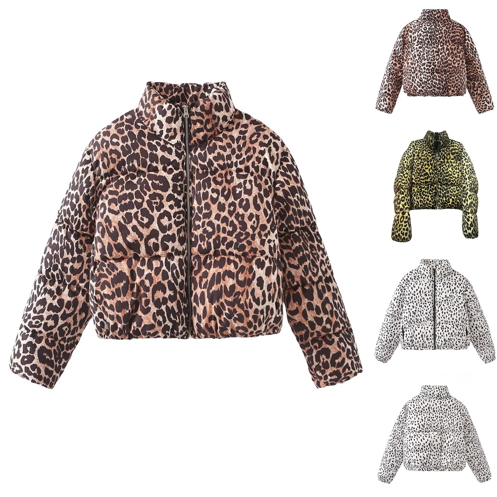 Piumini invernali per le donne stampa leopardata corta piumino colletto alla coreana giacche trapuntate full zip up caldo piumino casual a maniche lunghe outwear all'aperto campeggio escursionismo