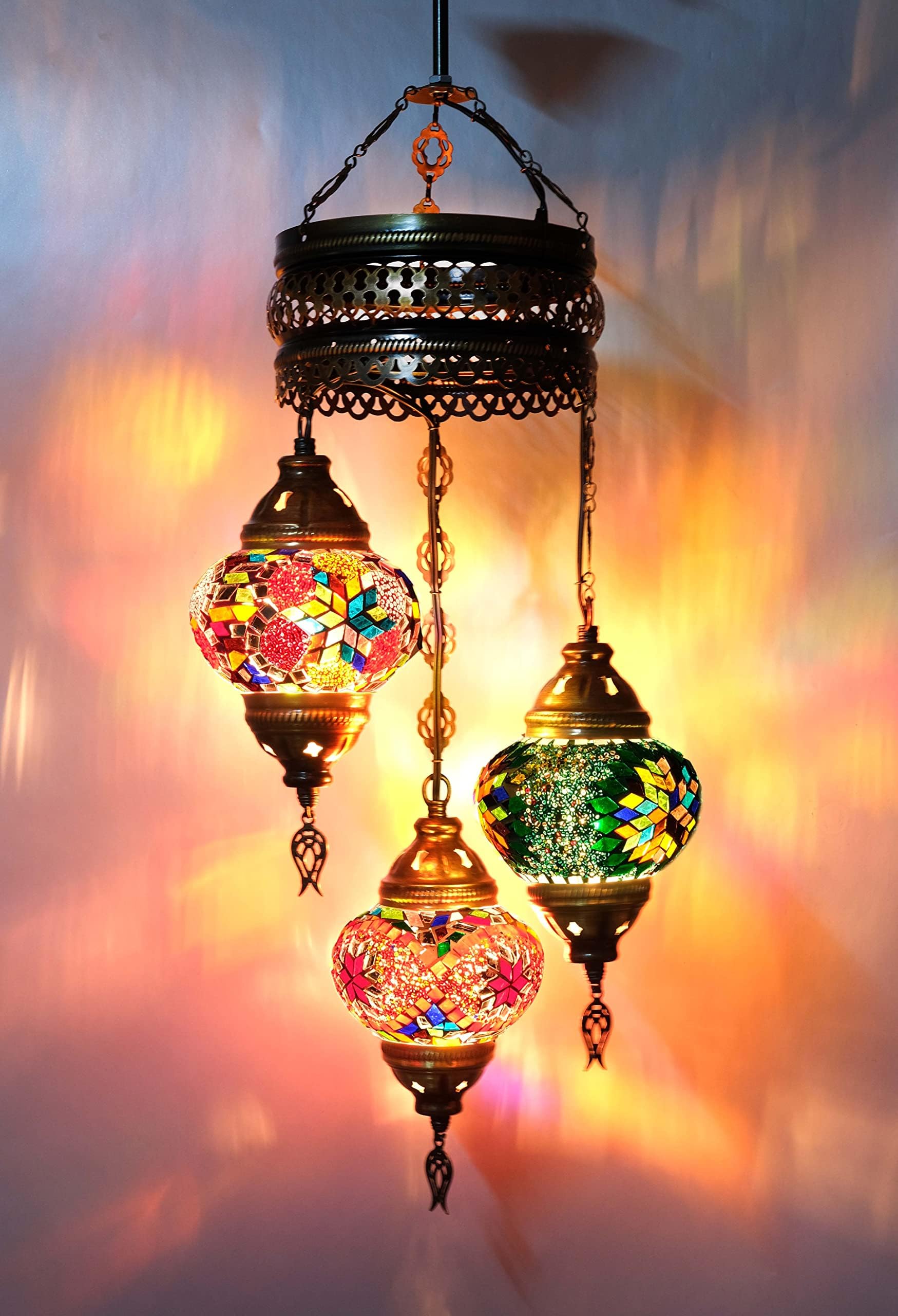 Asylove Turkish Ceiling Lamp, Mosaic Pendant Lamp Turkish Chandeliers 3 Globe Moroccan Ceiling Lighting Art Deco Brillant Fixture, 5 inc Globe - Total Dimensions 14x14x35 inch (Colormix 2)