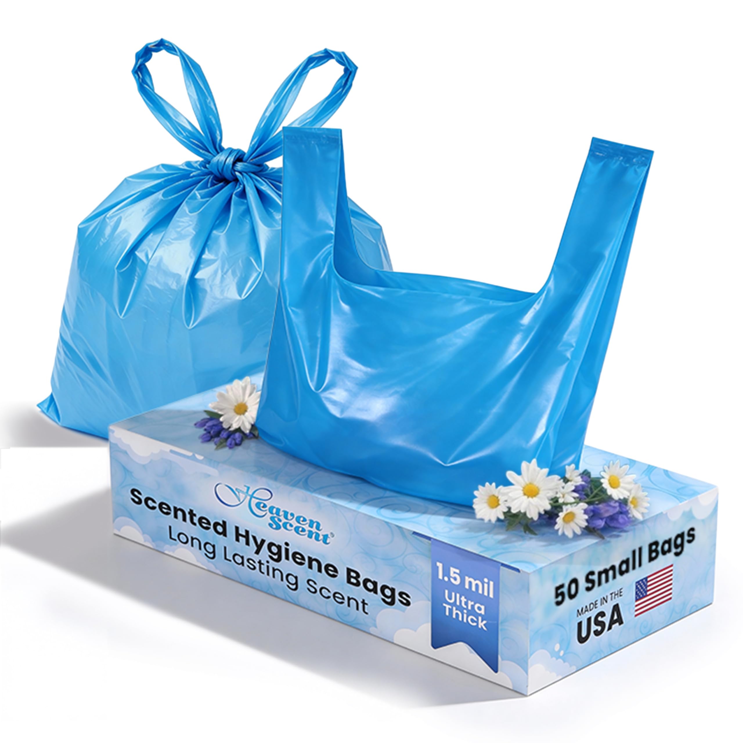 Heaven Scent Hygiene Bags 1.5MIL ULTRA-THICK Discreet Waste Disposal | MADE IN THE USA | Mild Baby Powder Scented Trash Bags for Adult Briefs & Feminine Products - Small, 50 Bags