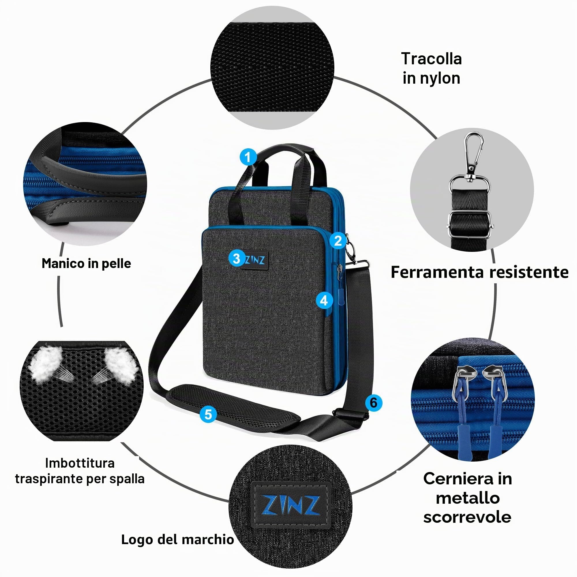 ZINZ Borsa a Tracolla per Laptop da Viaggio da 12,3-13 Pollici con Scomparto Espandibile e Scomparto per Oggetti di Valore -Nero
