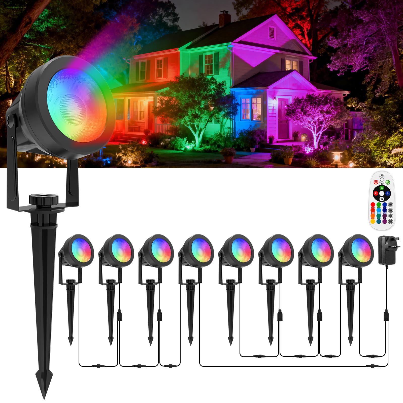 T-SUNUS RGB Garden Spotlights Mains Powered, 8-in-1 17 RGB Colors 4 Lighting Modes Landscape Lights 12V/24V Garden Light with Ground Spike IP65 Waterproof Outdoor Pathway Lighting Yard Lawn