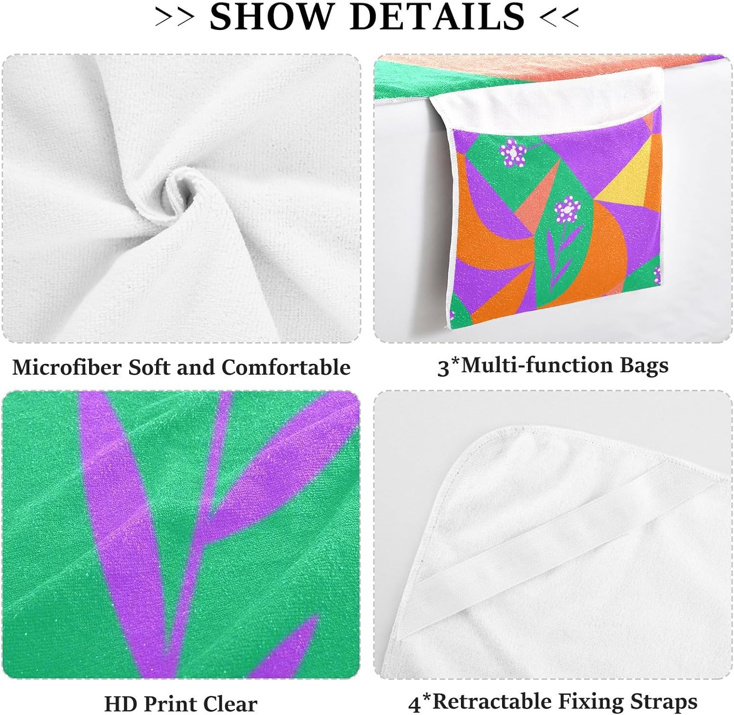 Colorful Geometric Shapes Purple Flowers Patio Chaise Lounge Chair Cover Soft Absorbent Outdoor Lounge Chaise Cover with Pockets for Pool Sunbathing Beach Garden, 85" X 30"