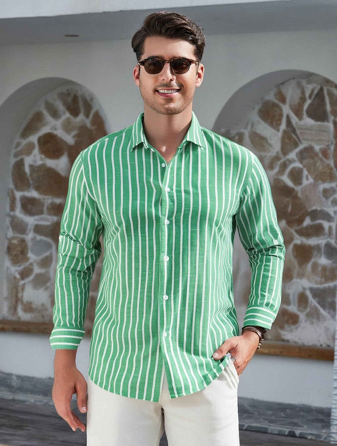 Esabel.C Men's Linen Casual Button Down Shirts Long Sleeve Striped Cotton Regular Fit Beach Wedding Shirts - Image 2