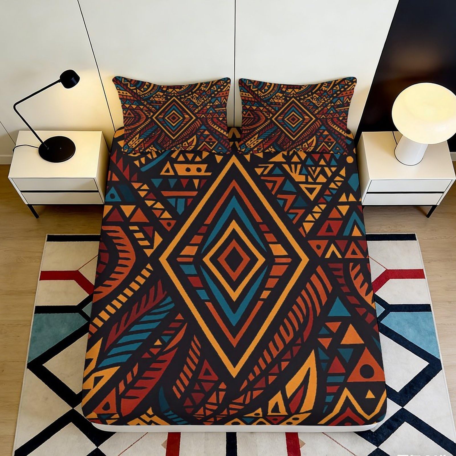 3D Printed Tribal Geometric Fitted Sheet Microfiber Soft Breathable Aztec Mattress Cover for Bedroom Dorm Decor 90x200x25cm