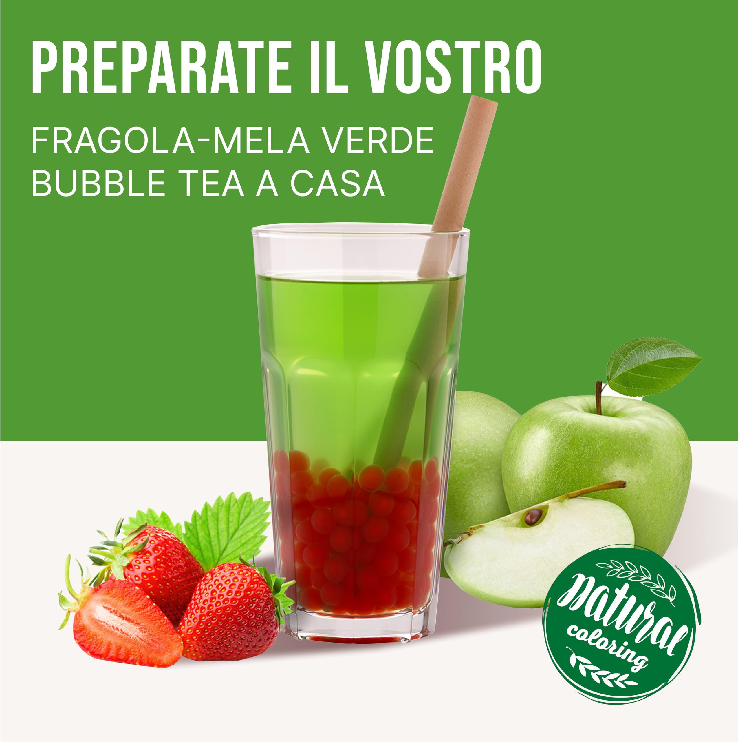 POPPING BOBA SET per Bubble Tea - 1x Popping Boba alla Fragola 450 g, 1x verde Sciroppo di frutta alla Mela verde 300ml & 2x Canucce - nessun colorante artificiale, 100% vegan e senza glutine