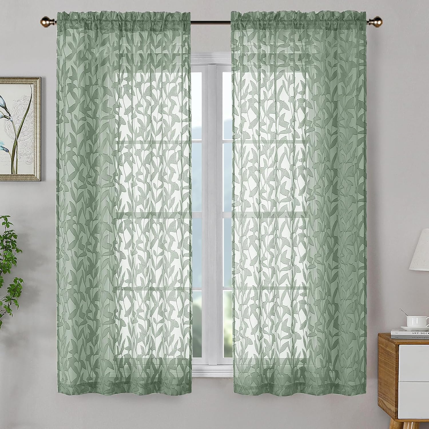 OWENIE Leyna 2 Panels Sage Green Sheer Curtains 63 Inch Length for Bedroom, Soft Lightweight Jacquard Clip Window Curtain for Living Room, Double Rod Pockets Textured Drapes, Each 40Wx63L Inches Sage Green 40"W x 63"L (Pack of 2)