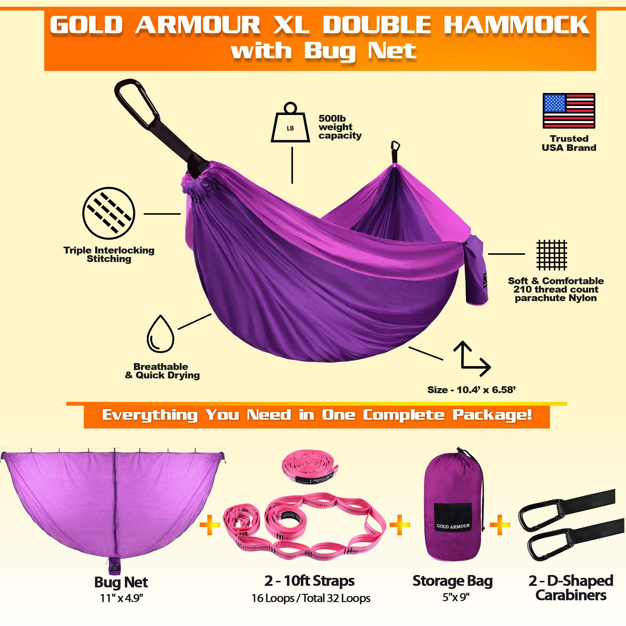 Gold Armour XL Double Camping Hammock With Bug Net - 2 Person Portable Hammock Set For Outdoor & Indoor Use