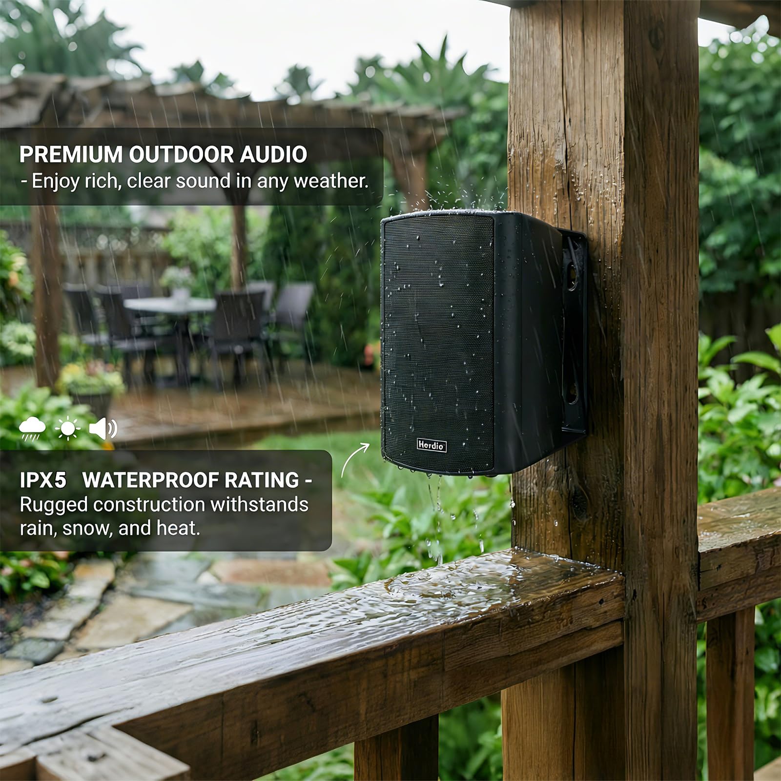 Herdio 5.25" 300W Max Power Wall Mount Outdoor Bluetooth Speakers, Be Waterproof and Able to Wireless Multi-Connection Up to 20 Units for Patio/Porch/Balcony (Black, 2-Pack)