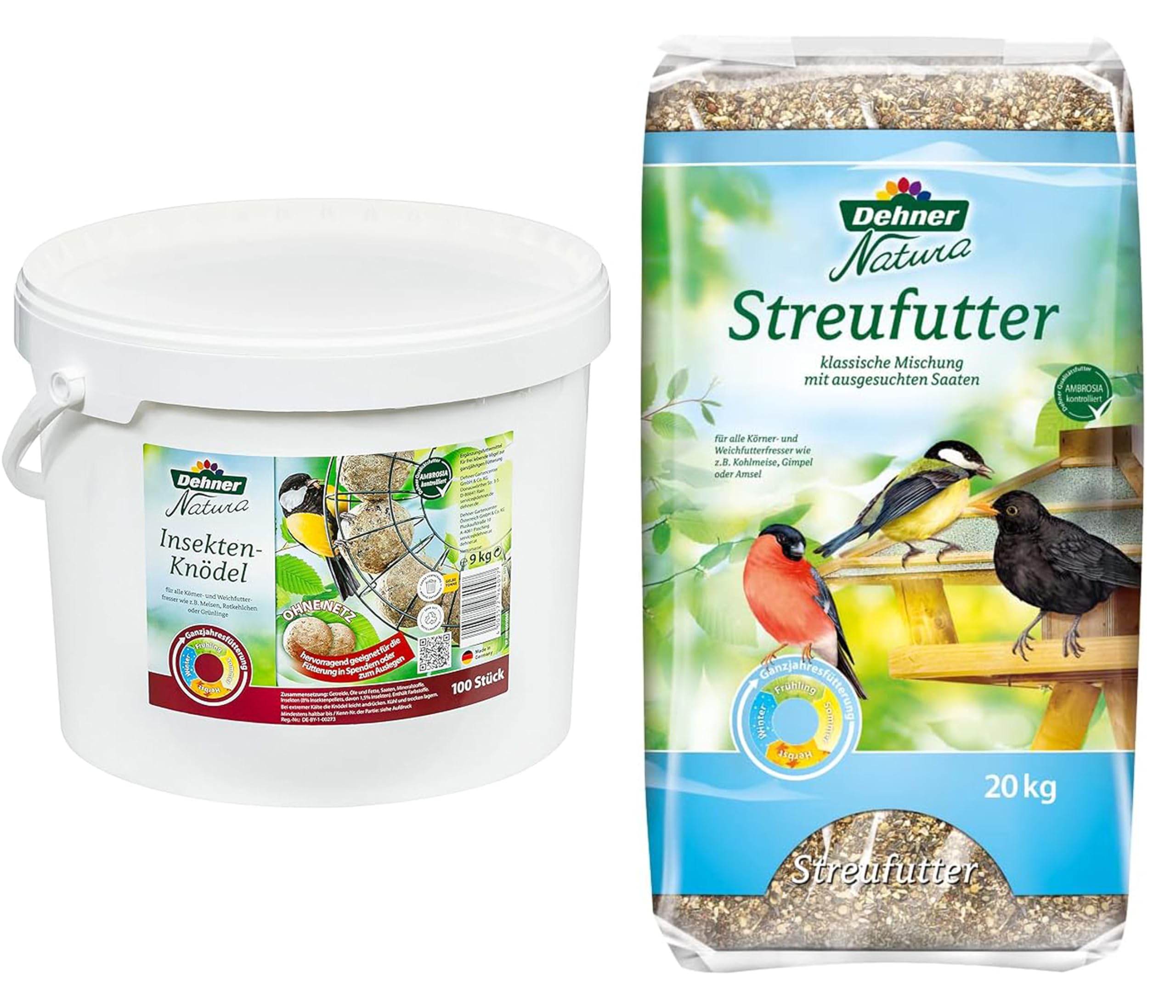 Dehner Natura Wildvogelfutter, Streufutter, 20 kg & Natura Wildvogelfutter, Insekten-Knödel, ohne Netz, 100 Stück (10 kg)