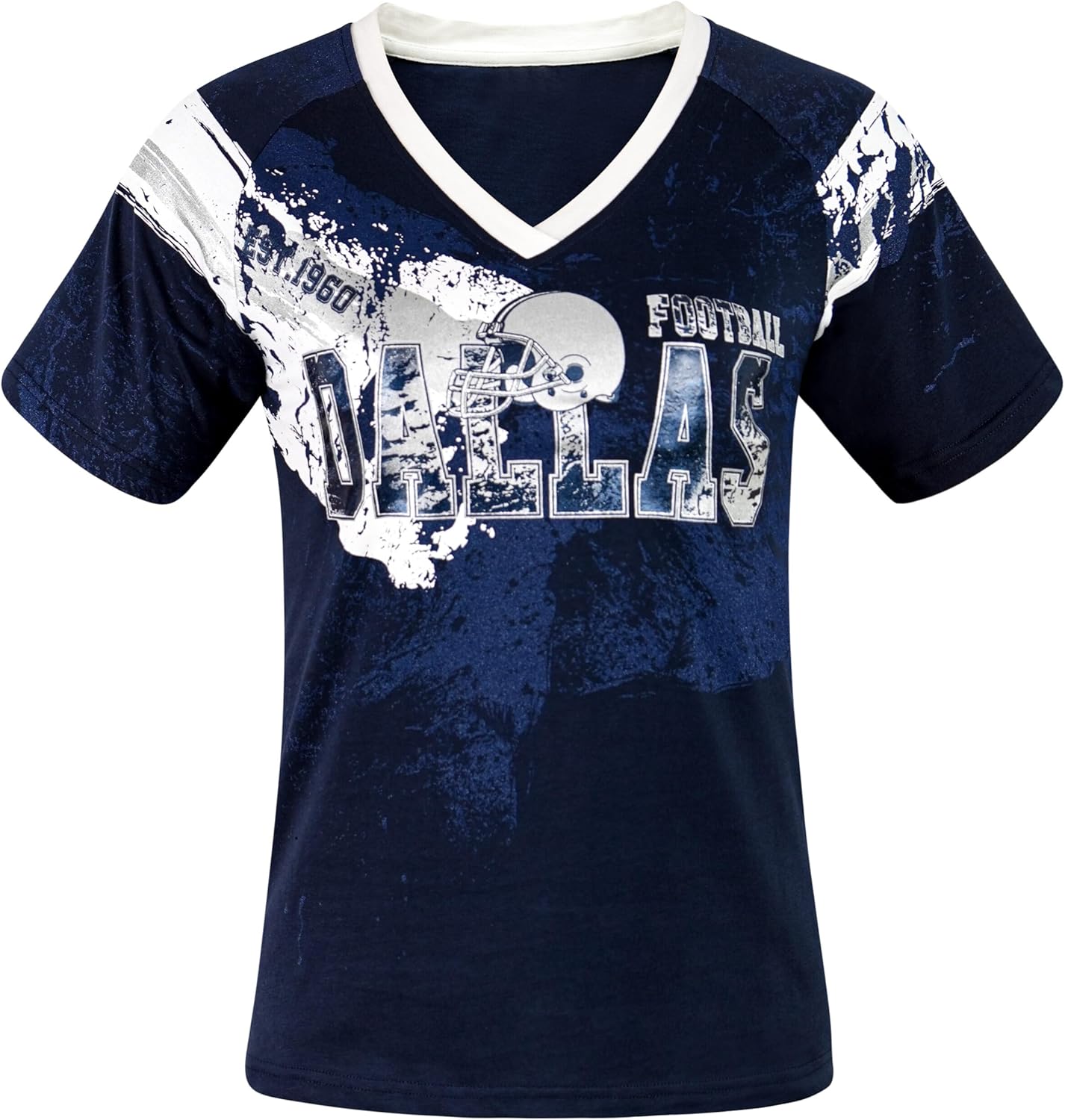 Womens City Football Fans Vintage Classical Sporty V Neck Tee Shirts - Navy & White