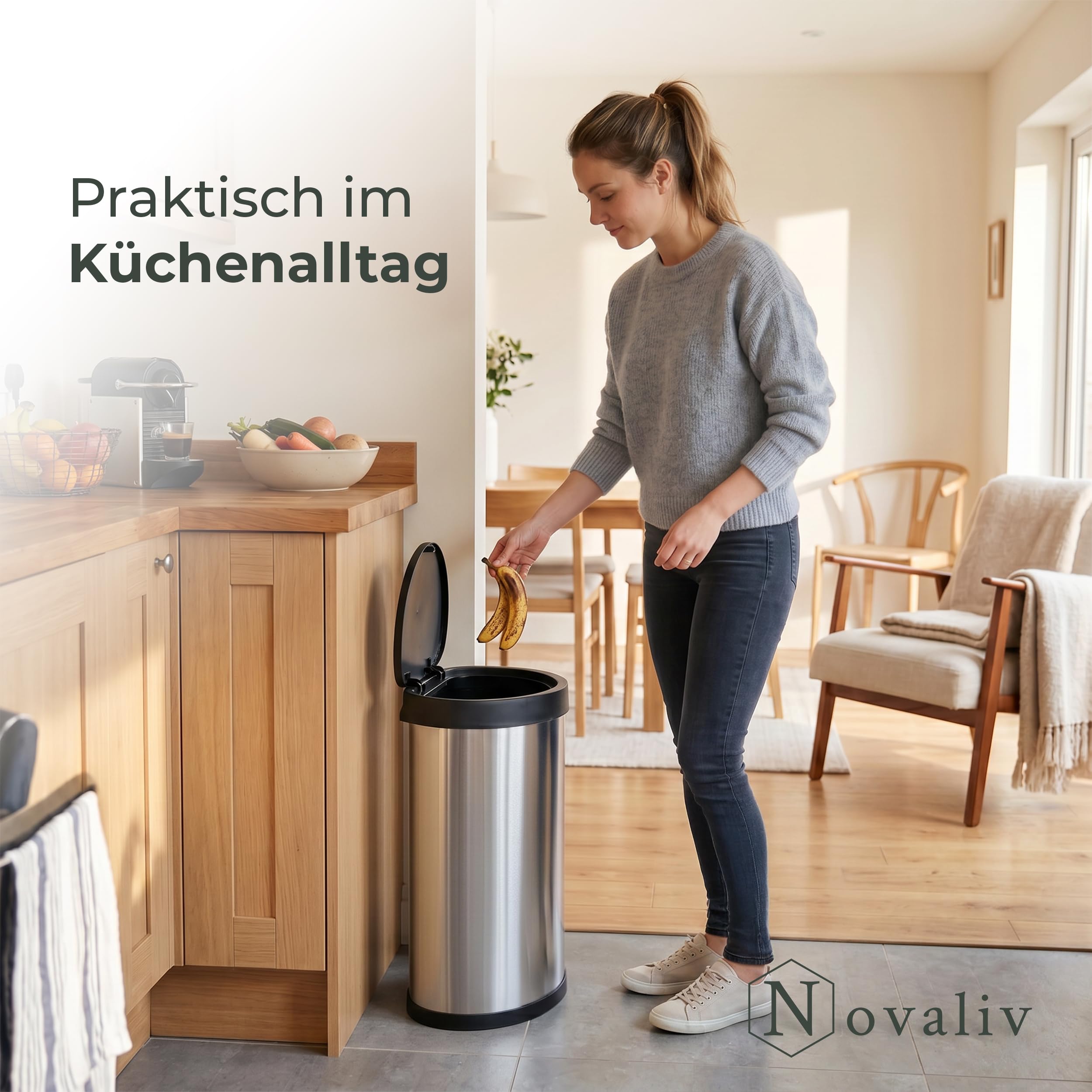 Novaliv Juego de 3 cubos de basura Touch de 30 L, color plateado, con botón táctil, una mano, sin pedal ni pilas, delgados con fijación de bolsa, plástico