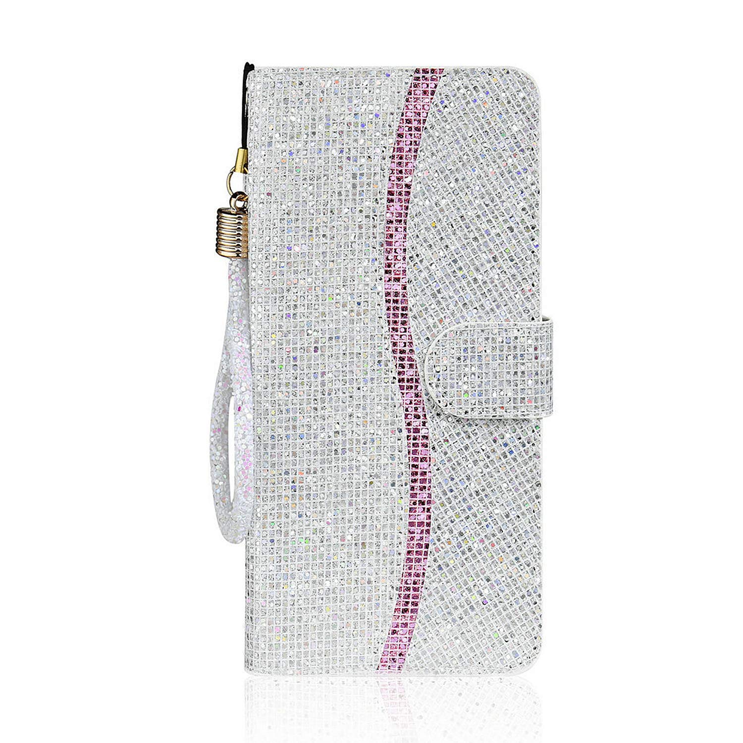 Guppy Compatible with iPhone 12 Glitter Wallet Case with 2 Credit Card Holder Slots Bling Diamond Sequin Flip Stand Purse PU Leather Soft Bumper Protective Cover Case 6.1 inch Silver