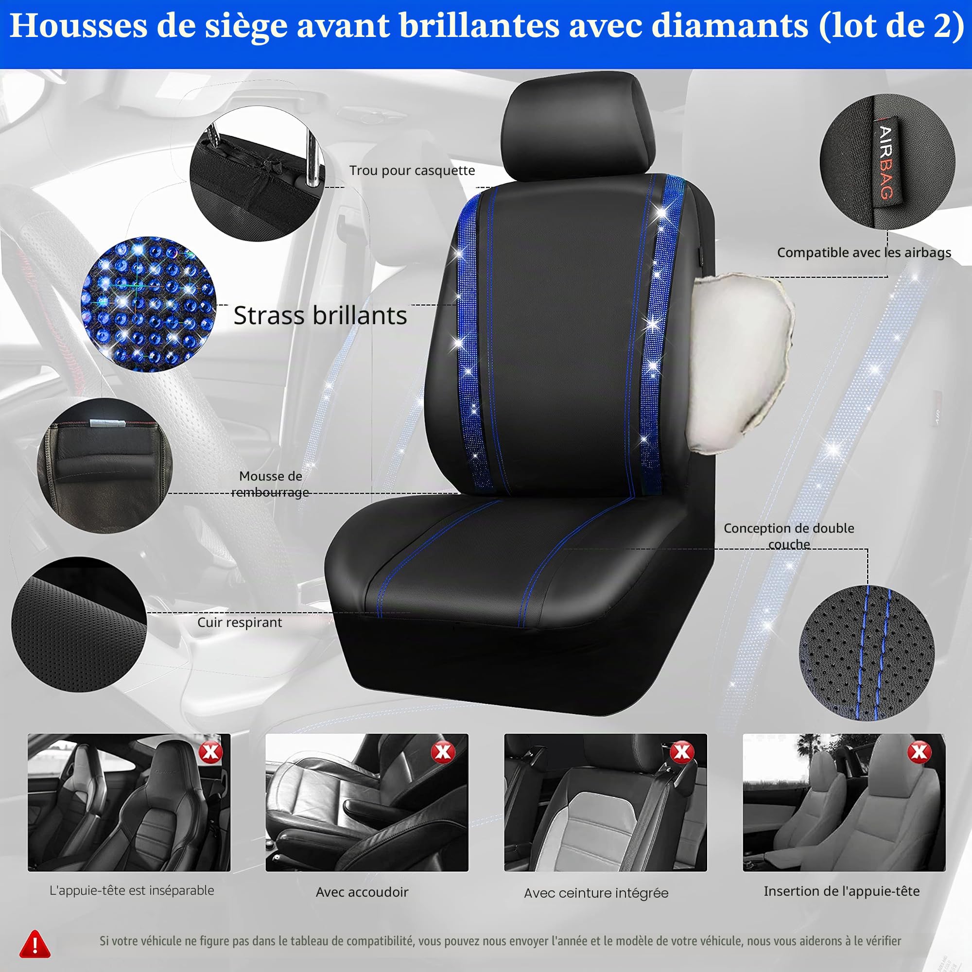 CAR PASS Housses siège Voiture en Cuir imperméable, Bling Diamant Brillant Cristal Scintillant, Universel pour 95% de Toutes Les Automobiles Camions SUV, Femmes Hommes(Ensemble Complet, Bleu)