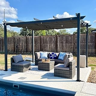 PURPLE LEAF Garten Pergola 3 x 4 m, Pavillon Aluminium Wasserdicht Sonnendach mit Schiebedach, Terrasse Pergola mit Markisenschutz, UV Beschattung, Grau