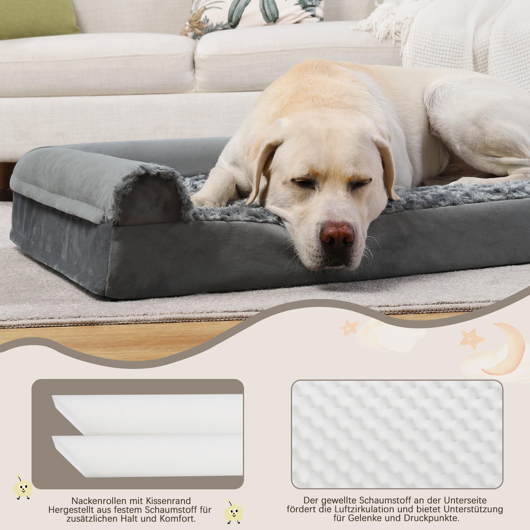 KSIIA Hondenbed voor grote honden, orthopedisch hondenbed, 105 x 70 x 18 cm, hondensofa, hoes afneembaar, wasbaar, XL hondenmand met drie verhoogde randen, hondenbank, antislip onderkant, grijs