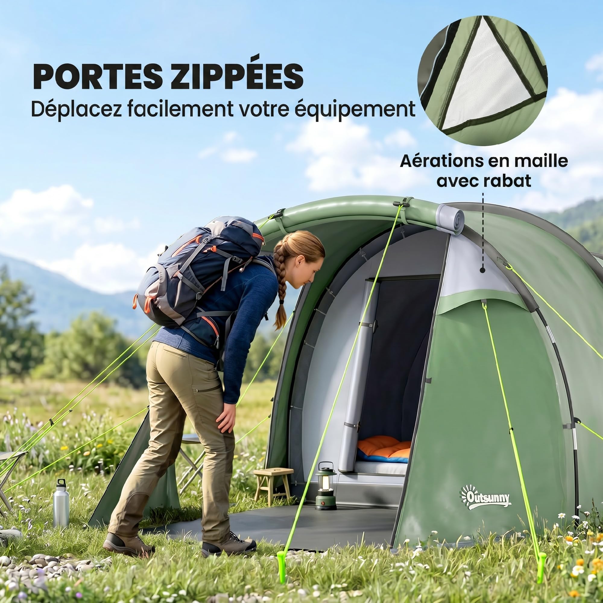 Outsunny Tenda da campeggio per famiglie per 2 persone, tenda a tunnel ventilata, facile da montare, camera da letto, soggiorno, 3 porte, finestre, 4,26 x 2,06 x 1,54 m, fibra di vetro poliestere PE