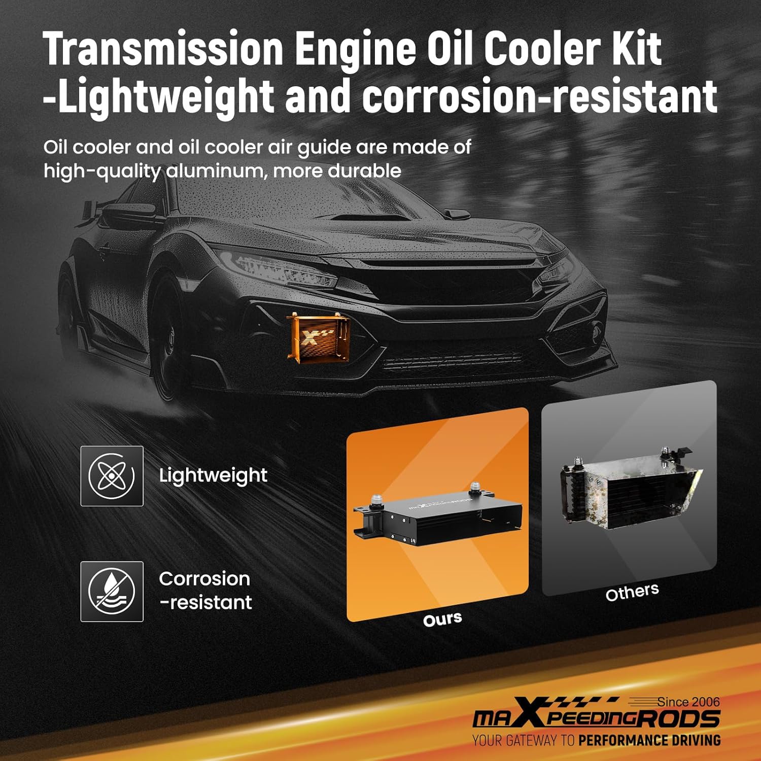 maXpeedingrods 7 Row Oil Cooler Kit, 10AN Transmission Engine Cooler British Radiator Universal Aluminium Black, Banjo Fittings Oil Filter Sandwich Adapter, Air Guide Kit and Oil Cooler Hoses