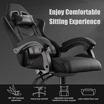 bigzzia Gaming Chair with RGB Computer Chair with Light Reclining PU Leather Video Game Chair with Headrest Adjustable Lumbar Support (Without RGB led, ALL Black)
