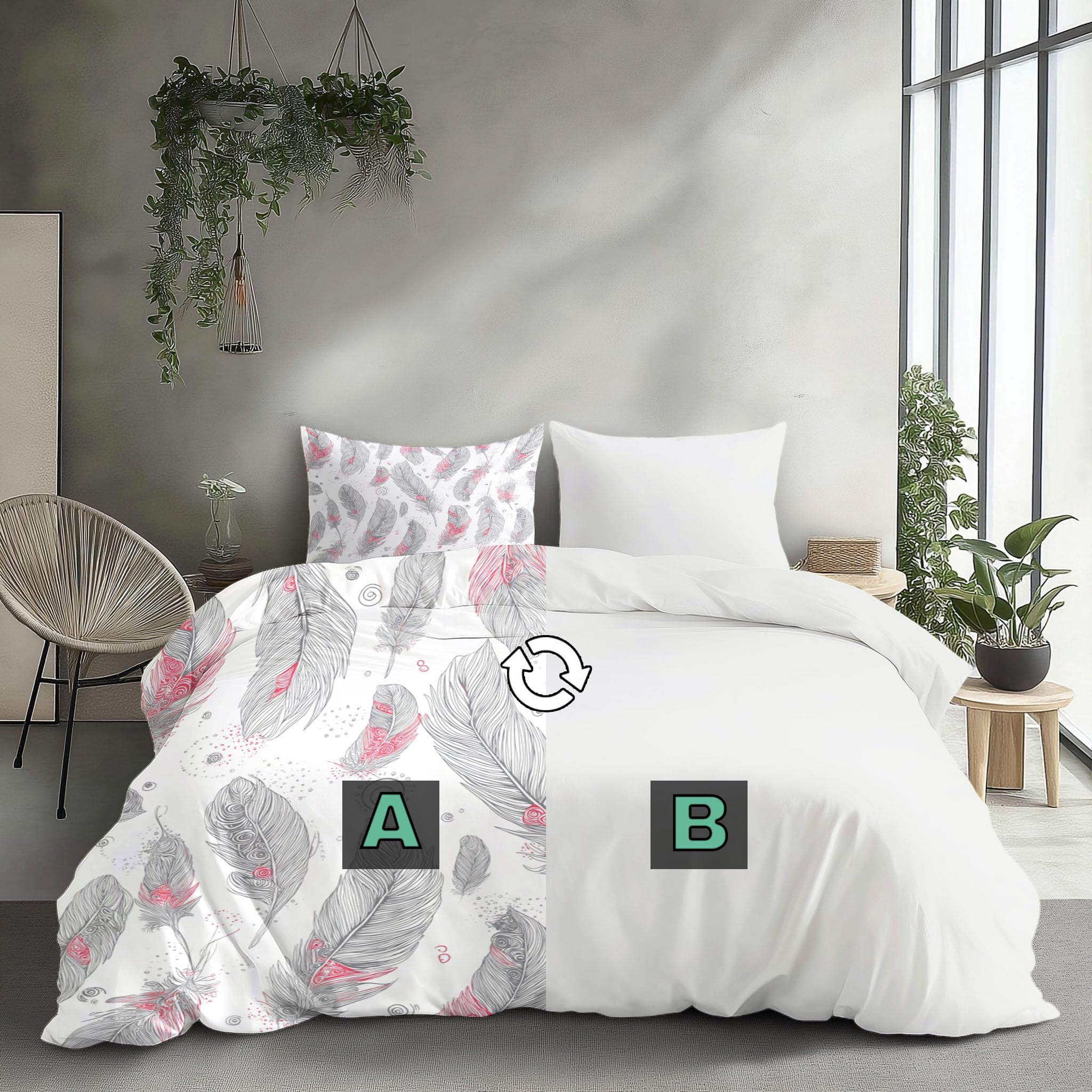 Funda Nordica Cama 105/135 Infantil Microfibra, 3 Piezas Juvenil Plumas Dibujadas A Mano Bohemio Juego de Funda Nordica200x200cm Suave Transpirable y 2 x Fundas de Almohada de 50x75 cm,Gris Rojo
