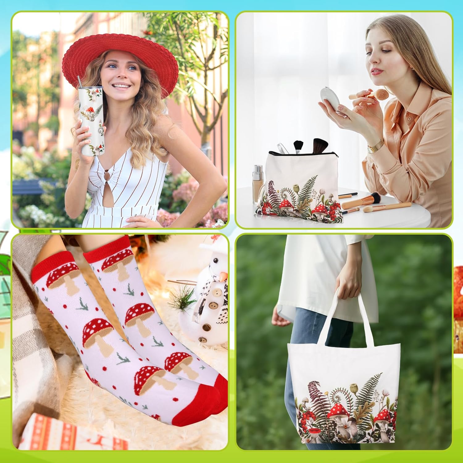 VAIPI 5 Pcs Mushroom Gifts for Women Mushroom Lover Gifts Stuff Include 20 oz Stainless Steel Insulation Tumbler Canvas Tote Bag Makeup Bag Socks Cute Keychain for Mother's Day Birthday Present - Image 7
