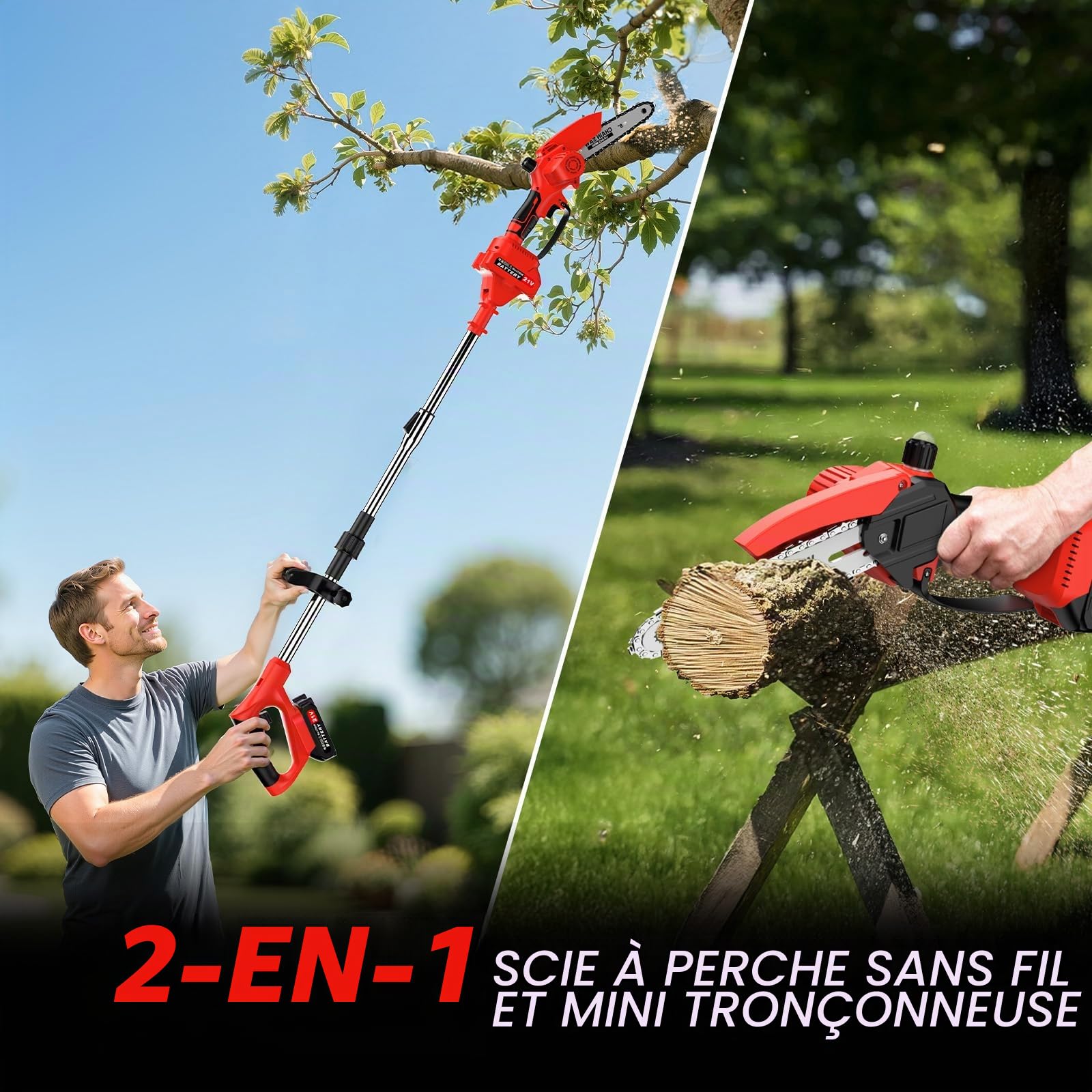 2 en 1 Élagueuse sur Perche Sans Fil, Télescopique Élagueur, 180CM Tronconneuse Electrique 6 Pouces avec 2 Batteries 1500mAh, 2 Chaînes, Gant, Lunettes, pour Jardin, Branches, Bois