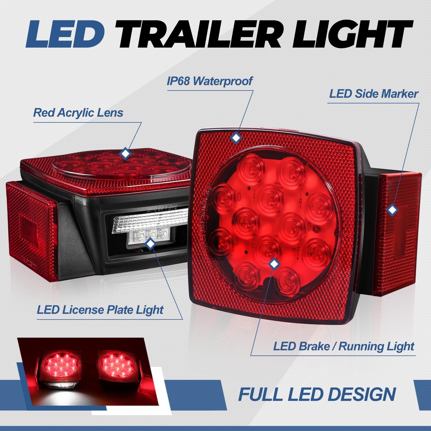 Auto Dynasty 2PCS 12V Submersible Square Led Trailer Light, Red LED Stop Turn Tail License Brake Running Light Lamp for Trailers Under 80" Boat Trailer Marine Camper RV Snowmobile, IP68 Waterproof