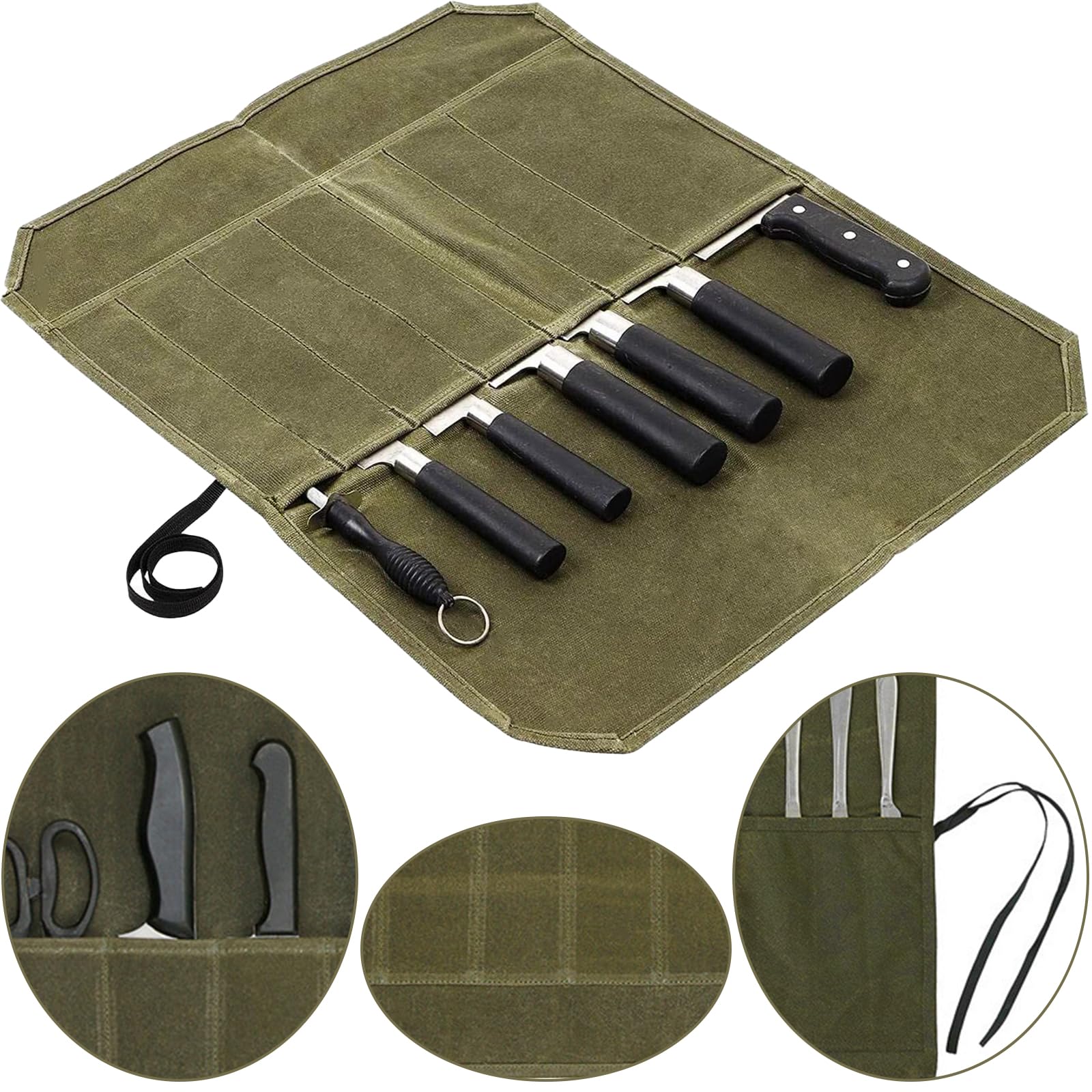 kaiyaya Borsa Coltelli Chef, Borsa per Coltelli 56.5 X 45.5 cm borsa Porta Coltelli da Chef Arrotolabile in Tela Cerata con 7 Scomparti Coltelli e Cucchiai Contenitore, per Campeggio Pesca Caccia