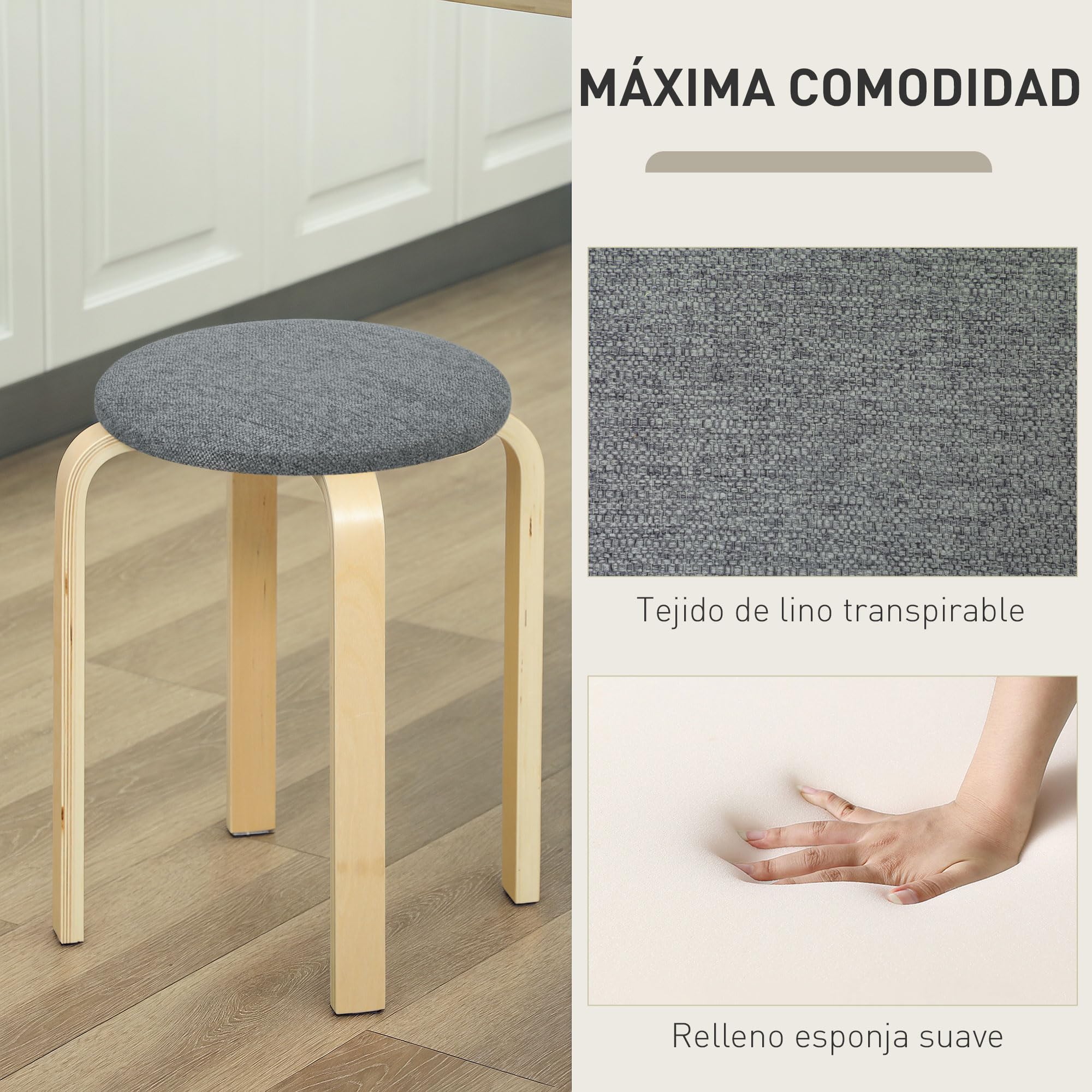 HOMCOM Juego de 4 Taburetes Apilables Redondos Taburetes Bajo de Cocina de Madera con Asiento Acolchado para Comedor Dormitorio Oficina Salón Gris y Natural