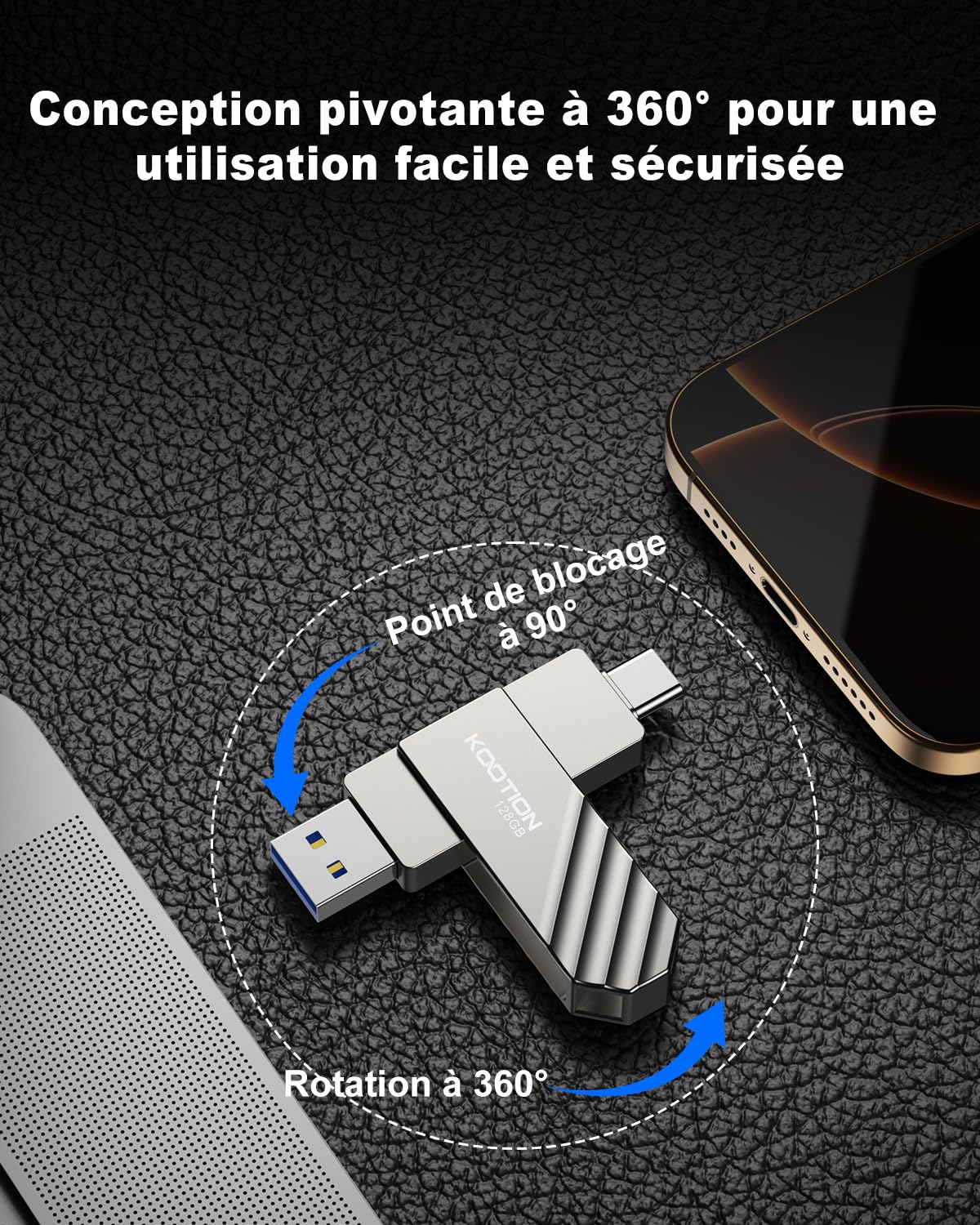 KOOTION Chiavetta USB 128GB, USB C 3.2, Chiavetta USB 128GB, OTG fino a 400MB/s, 2 in 1, Doppia Porte Esterne, SSD Metallo per Type-C iPhone/Android Smartphone/Tablet/Mac/PC Argento
