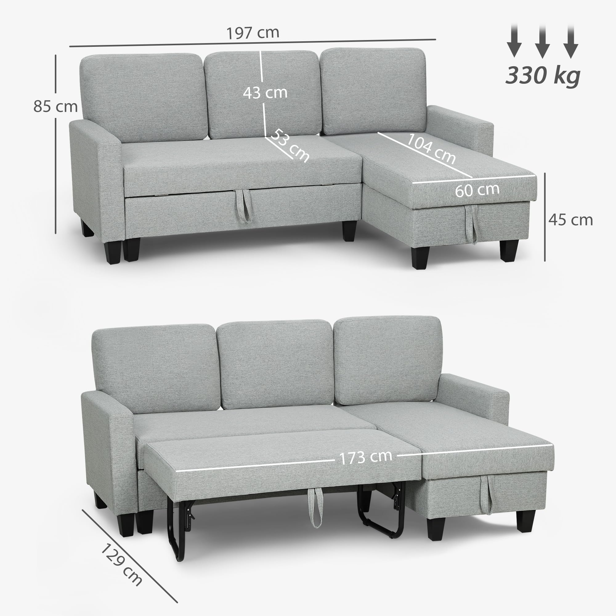 HOMCOM Divano Letto 3 Posti con Chaise Longue Convertibile, Divano Angolare con Vano Portaoggetti, Cuscini Sfoderabili in Tessuto Effetto Lino, per Soggiorno Salotto, 197x129x85 cm, Grigio Chiaro