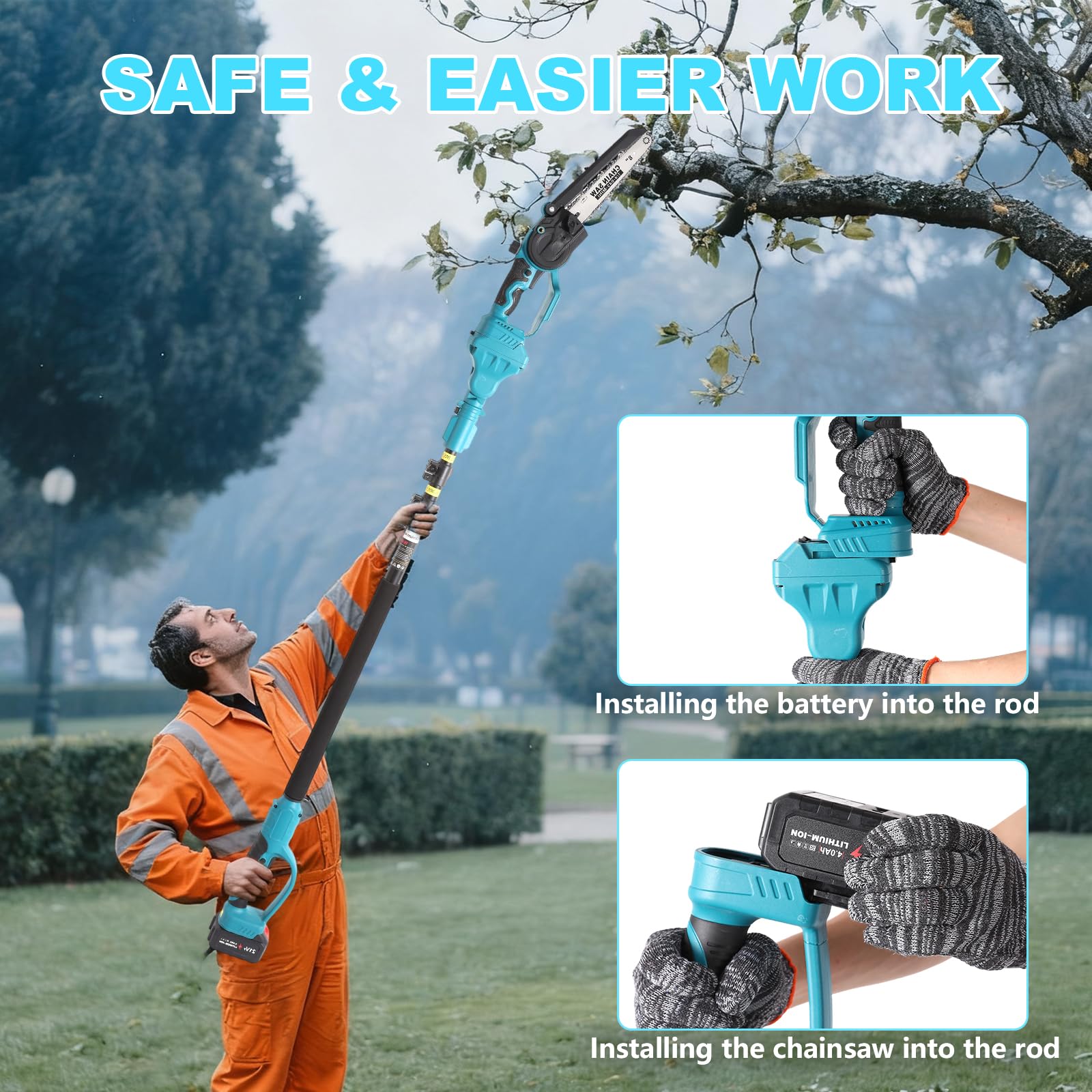 Motosierra telescópica y mini motosierra, 8 pulgadas, motosierra, perca extensible hasta 6-16 pies, 2 x 4000 mAh baterías de poda eléctrica para árboles (azul)