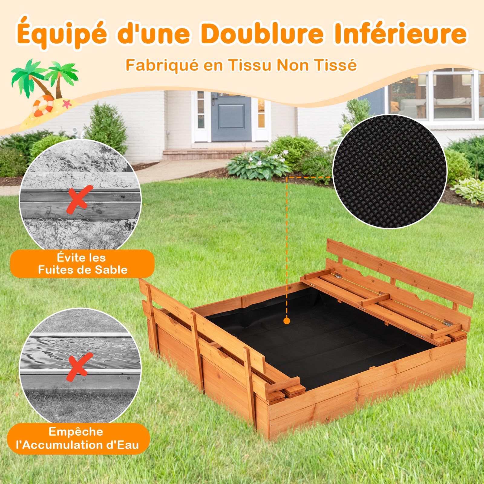 COSTWAY Bac à Sable Enfant Extérieur avec 2 Bancs Convertibles, Bac à Sable en Bois Sapin avec Couvercle & Doublure, Charge 100kg de Chaque Banc pour Jardin Terrasse Cour, 18 Mois+