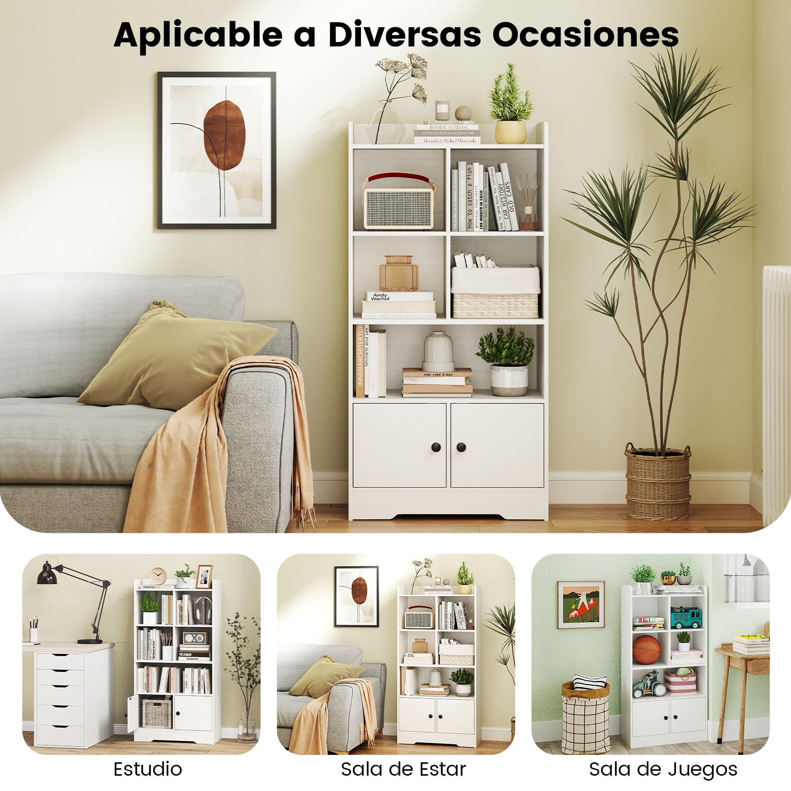 GIANTEX Librería de Madera con 5 Compartimentos Abiertos y 2 Puertas, Estantería de Libros con Kit Antivuelco, 60 x 29,5 x 120 cm, Armario de Almacenamiento para Salón, Dormitorio y Estudio