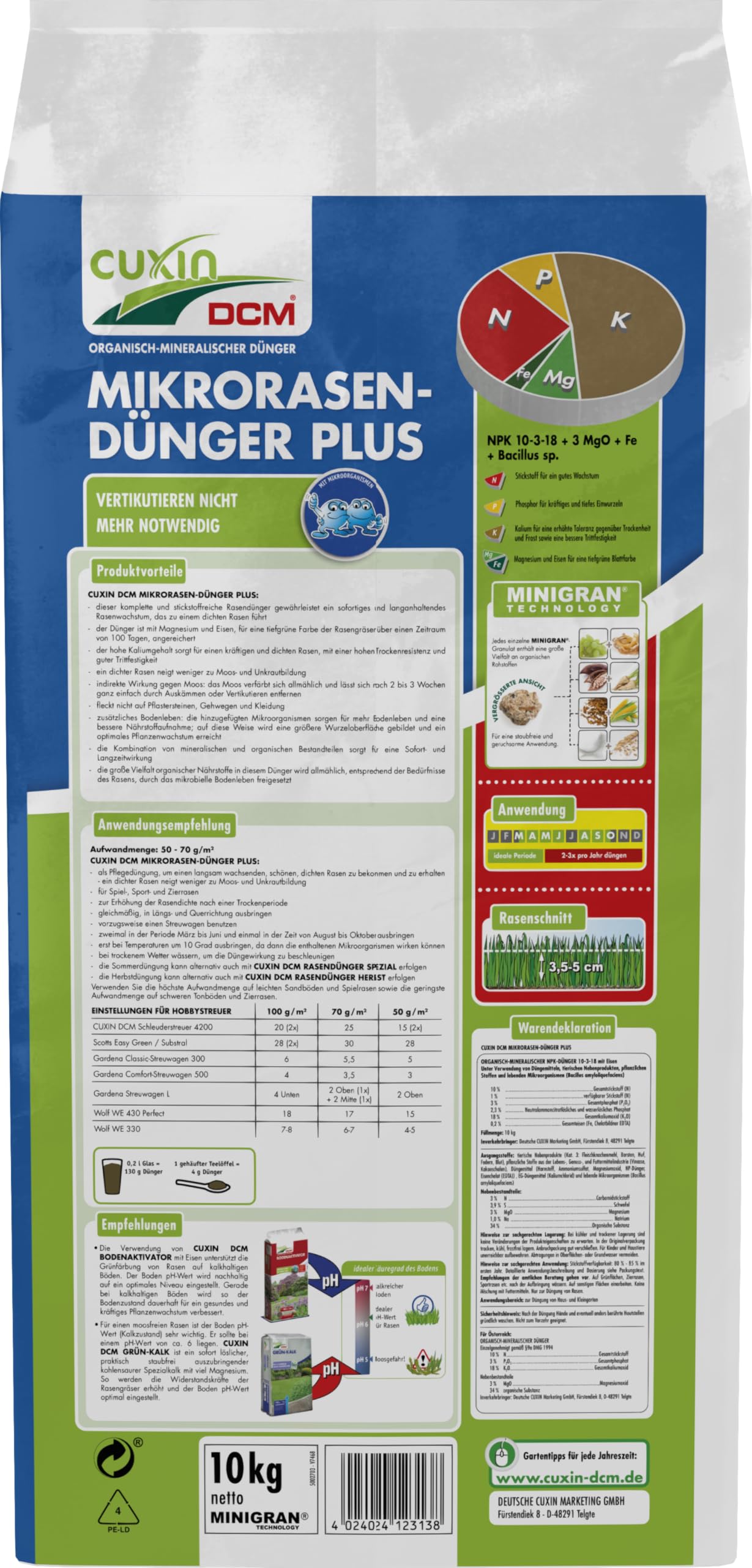 CUXIN DCM Mikrorasen-Dünger Plus - Langzeit Rasendünger - MINIGRAN® TECHNOLOGY - Kein Vertikutieren nötig - organisch-mineralischer NPK-Dünger- 10 KG für 200qm