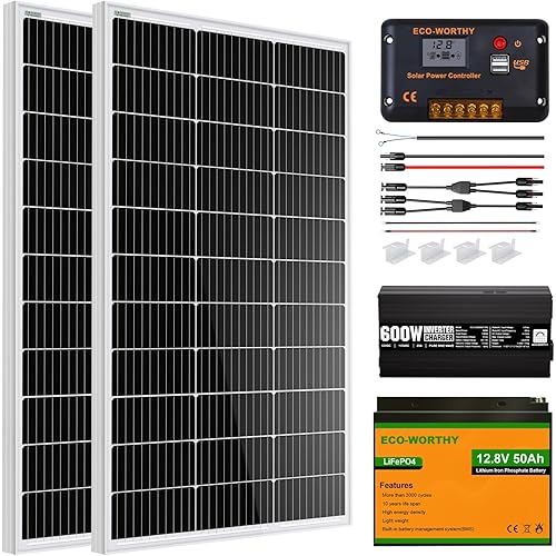 ECO-WORTHY 200 Watt 12V Complete Solar Panel Starter Kit for RV Off Grid with Battery and Inverter: 200W Solar Panels+30A Charge Controller+50Ah Lithium Battery+600W Solar Power Inverter
