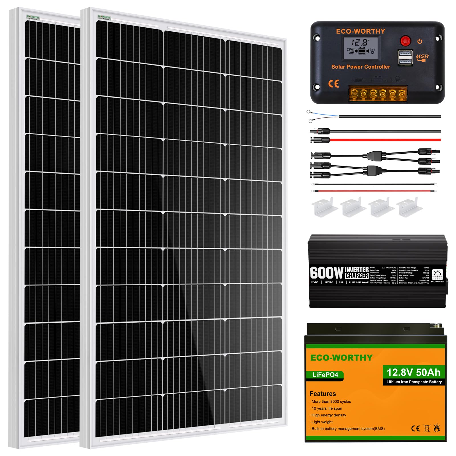 ECO-WORTHYComplete 200W 12V Solar Panel Starter Kit for Off Grid RV with Battery and Inverter: 200W Solar Panels, 30A Charge Controller, 50Ah+ Lithium Battery