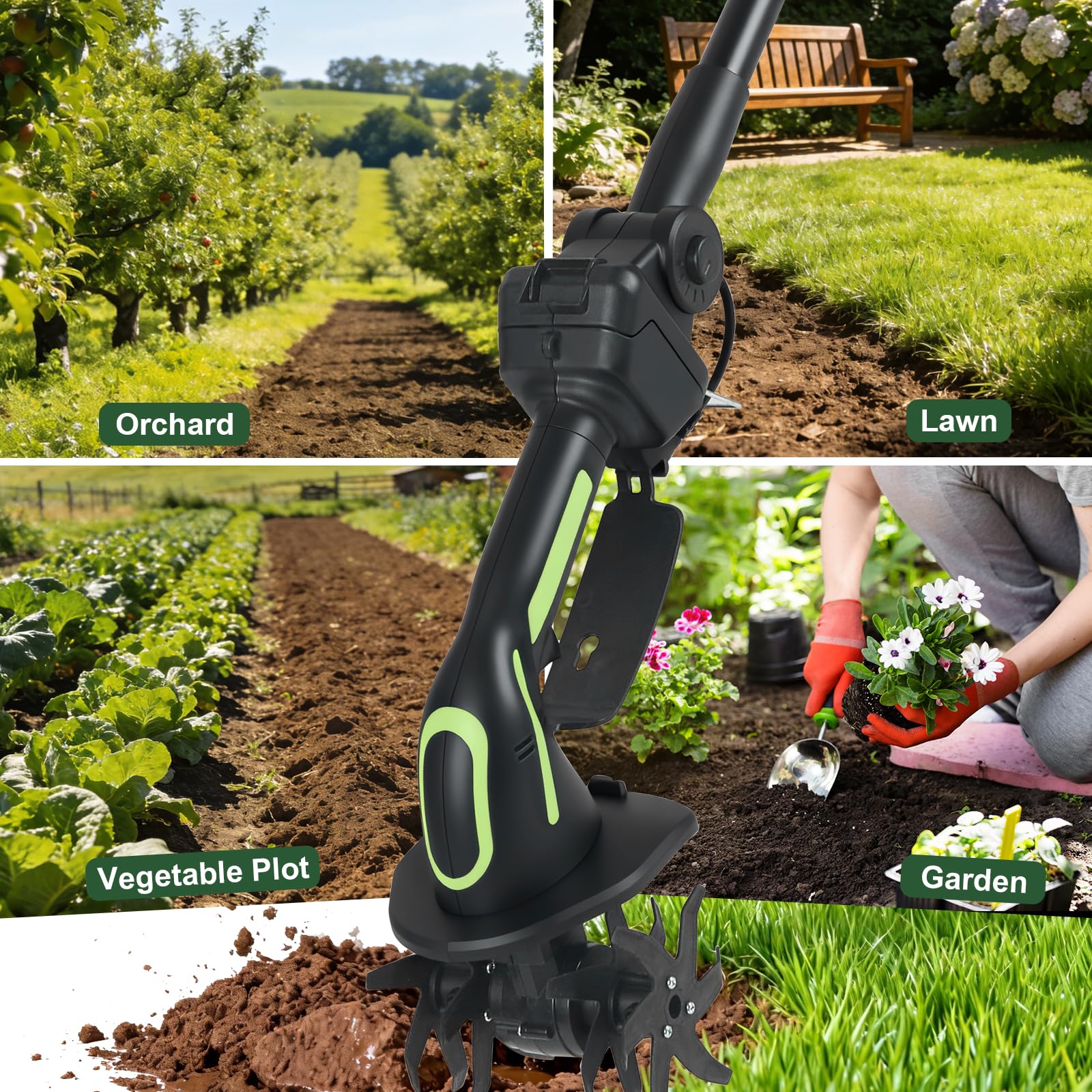 Bodenhacke Elektrisch, 21V Bodenhacke Elektrisch mit 2 Akkus 3000mAh Sternfräse Gartenfräse,10 cm Arbeitstiefe, 10 cm Arbeitsbreite, Gartenfräse Motorhacke für Auflockern, Bearbeiten und Kompostieren