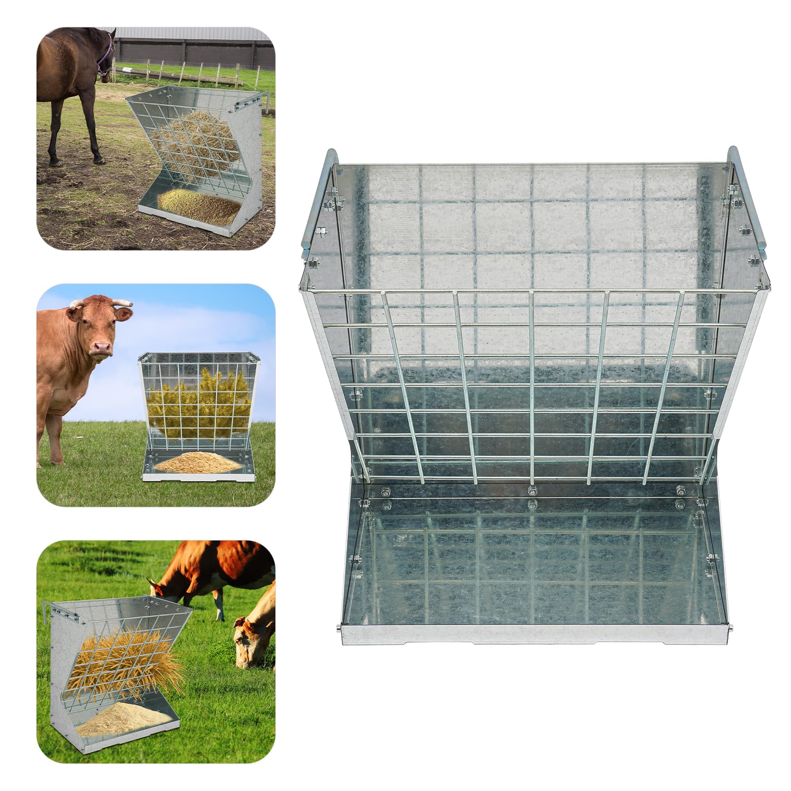 Comedero 2 en 1 para heno y cereales, comedero colgante para cabras, ovejas y caballos (plata)