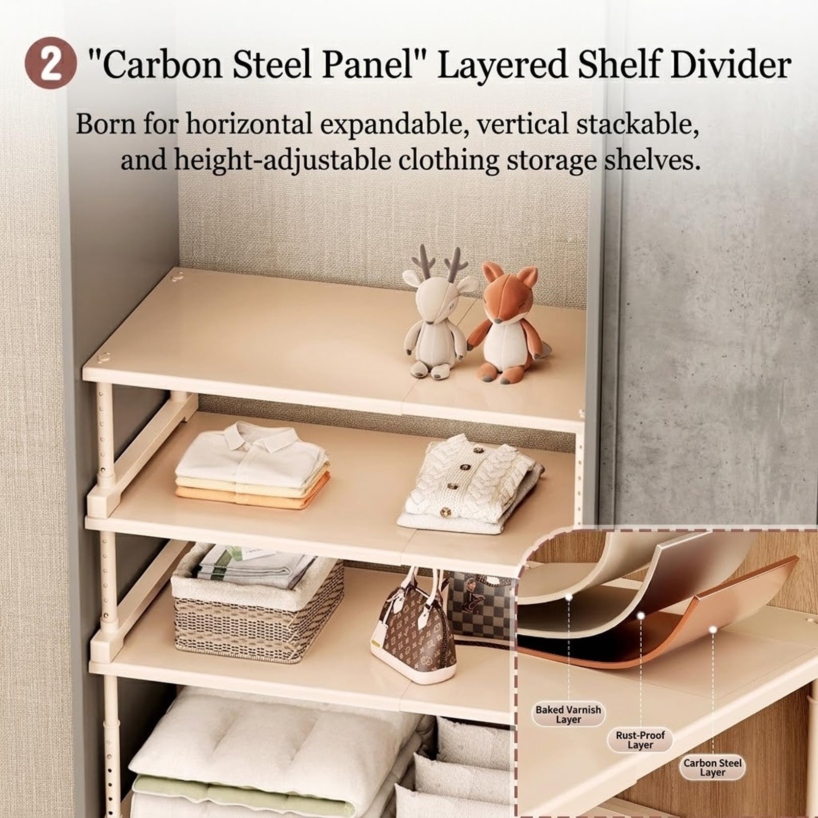 Mensola da cucina estensibile, scaffale da armadio regolabile in altezza, organizer da bancone impilabile, in acciaio al carbonio, mensola da pranzo beige, 50-85 x 42 x 35-50 cm