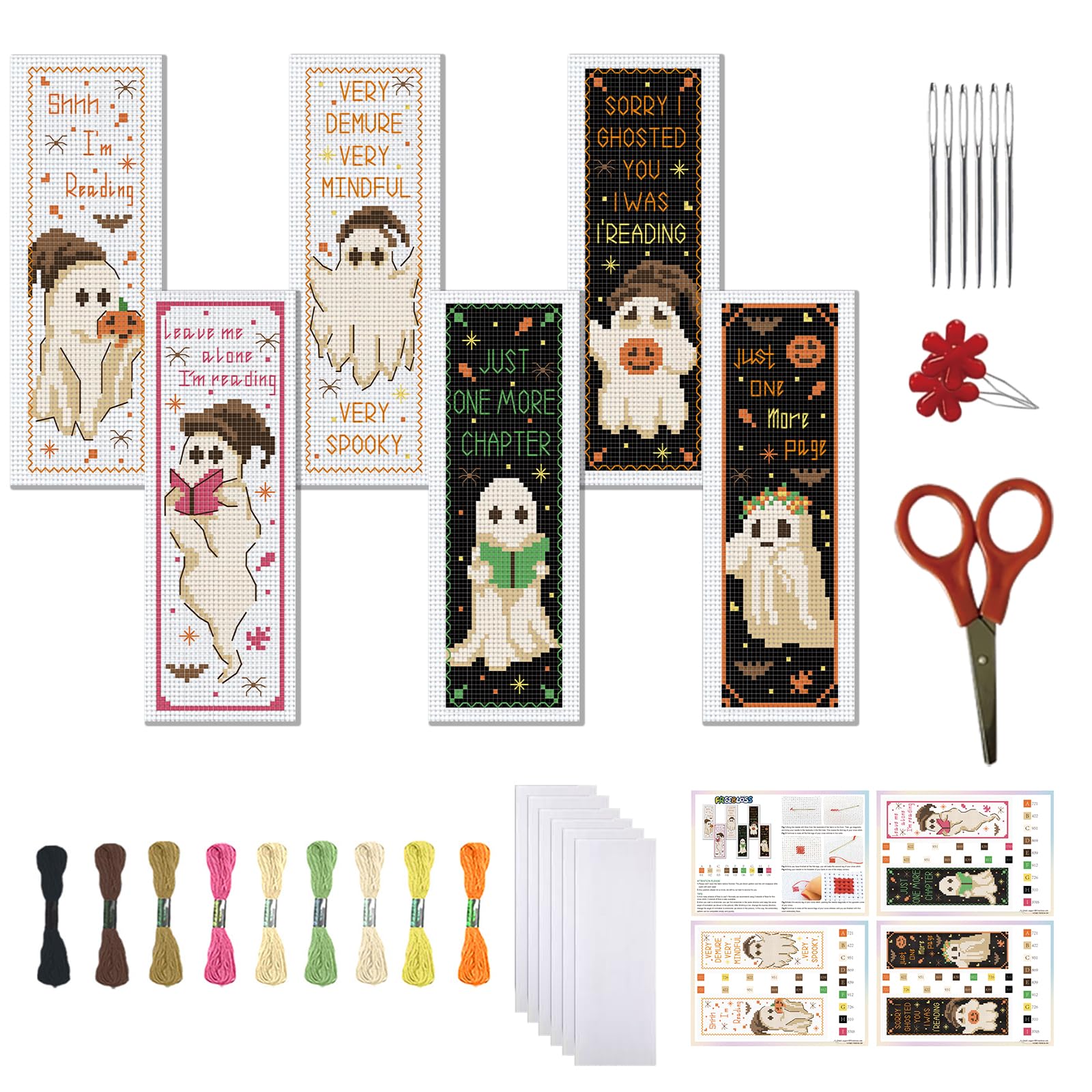 FREEBLOSS 6pcs Cross Stitch Bookmark Kit for Adult Beginners Ghost Pattern Stamped Embroidery Bookmark Kits Bookmarks Craft Kit with Instructions 11CT 8''x2.4''