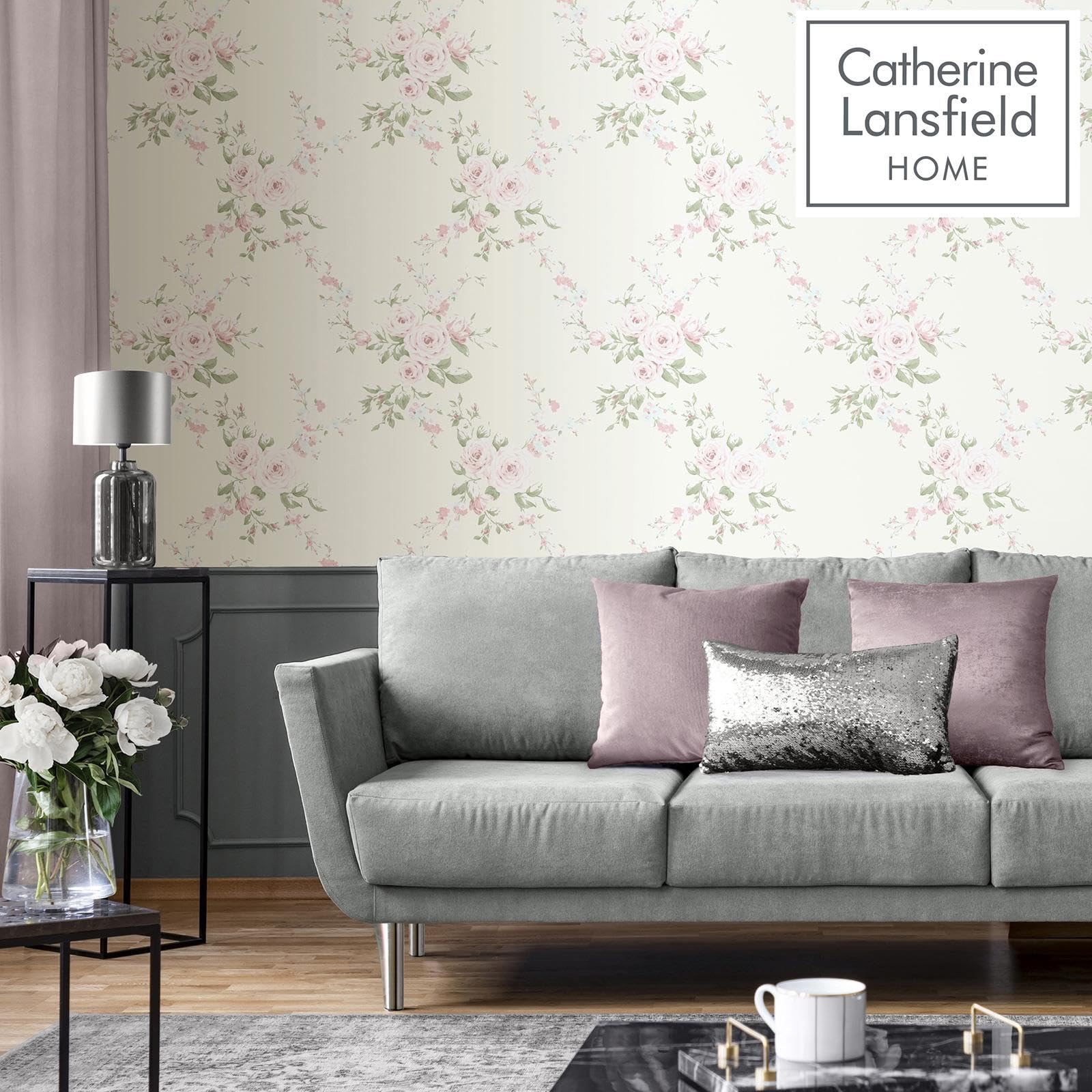 Catherine Lansfield Canterbury Floral Wallpaper Cream, Cream/Pink, 53 x 105 cm - Image 2