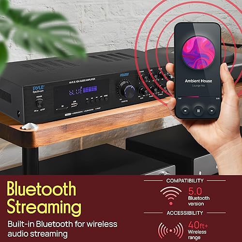 Miniatura 4 de Pyle Bluetooth Audio Amplifier - Home Stereo Receiver with 5 Channels and Subwoofer Out - MP3/USB/SD - AUX - FM Radio - 2 Mic Inputs w/ Echo - VFD